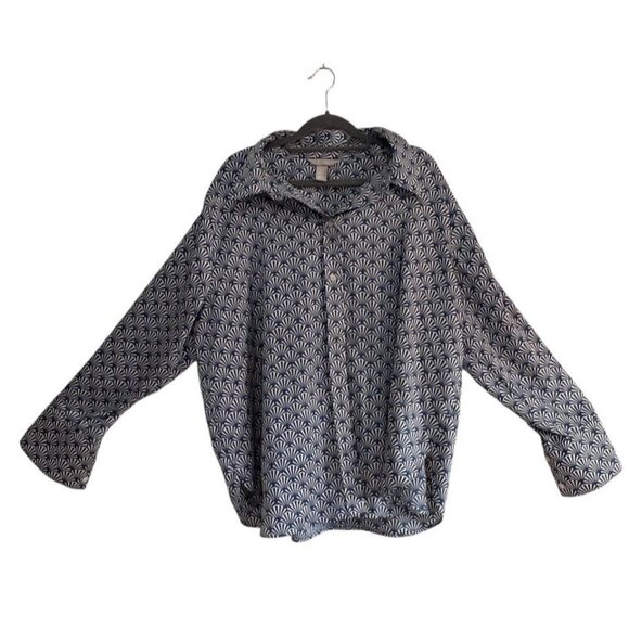 H&M Navy & White Geometric Print Long Sleeve Button-Up Shirt 2XL - Picture 1 of 9